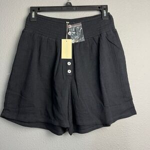 Sundance Black Button Front Cotton Gauze Smocked Waist Shorts Womens Size‎ S